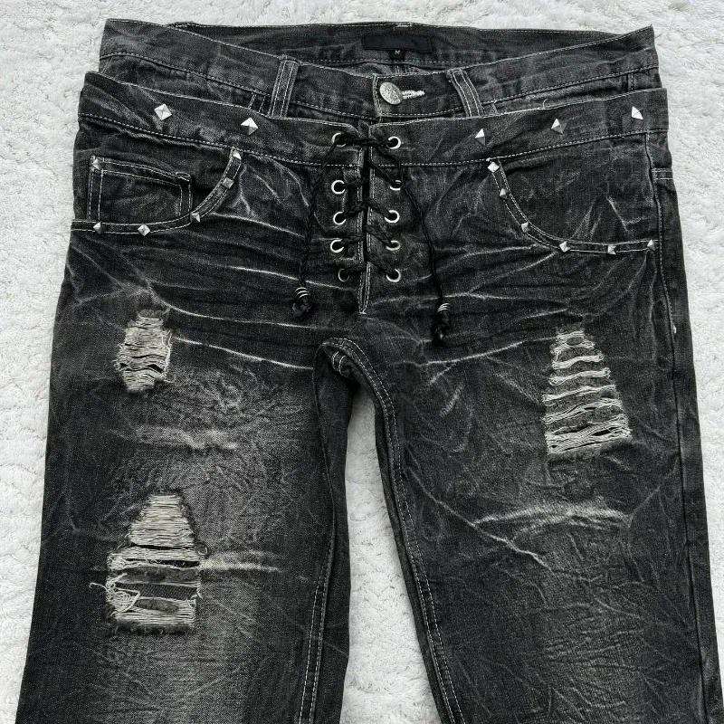 Men's Jeans Y2K Washed Gothic Retro Micro Flared Double Waisted Black Denim Pants Men Women Streetwear High Quality Design Trousers