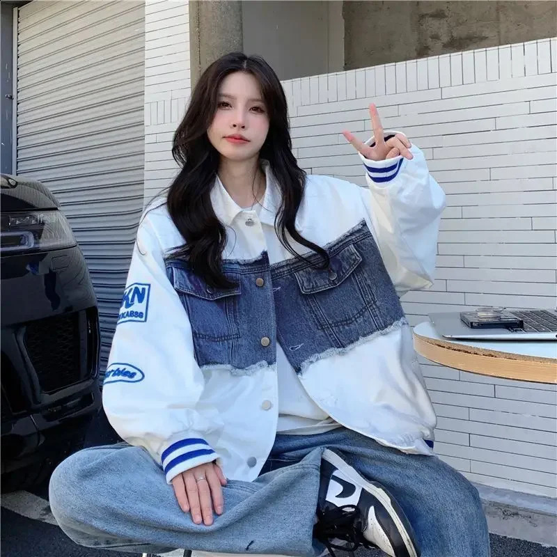 Cowboy jacket ed baseball uniform bomber streetwear Harajuku Y2k top trench coat hiphop long sleeved 250228