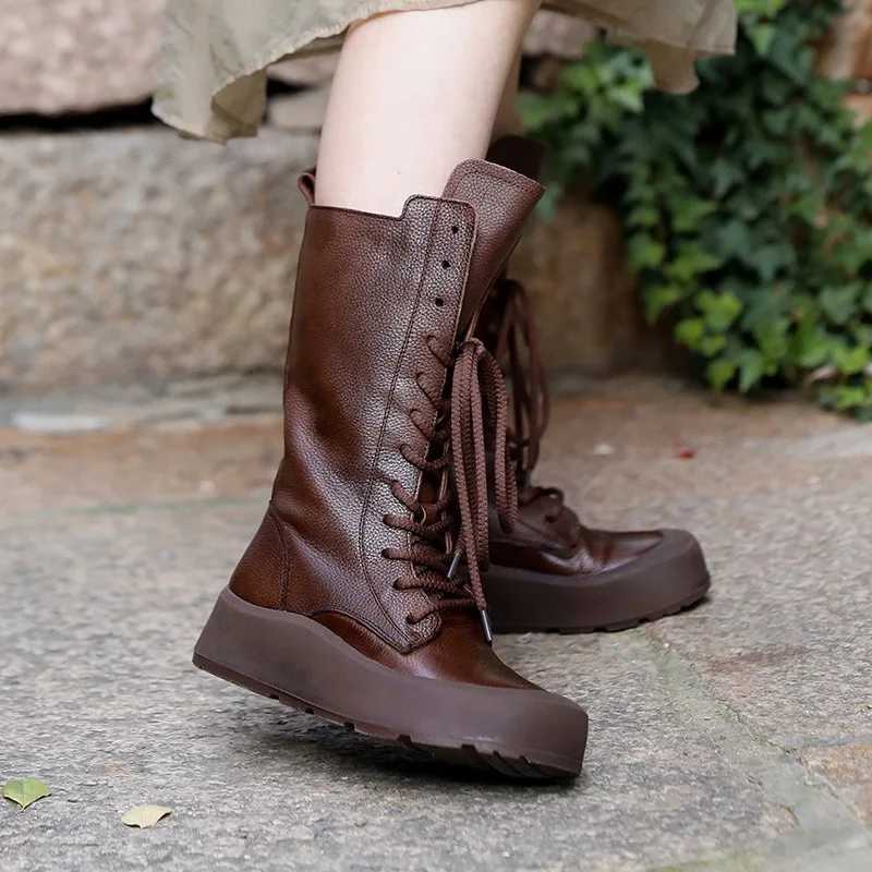 Birkuir Thick Heel Long Boots For Women Lace Up High Top Short Plush Flat Platform Boots Genuine Leather Luxury Long Boots Z250303