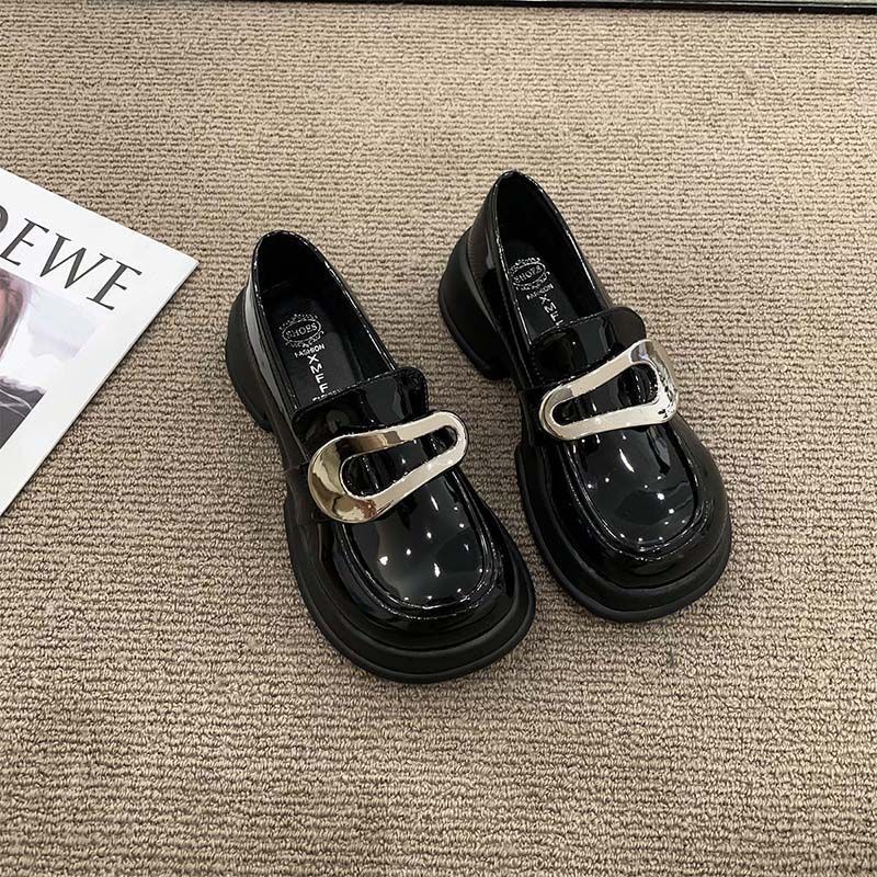Thick Soled Round Toe Small Leather For Women, 2024 Autumn New Style French Sweet And Cool Mary Jane Shoes, Black Metal Le Fu Shoes