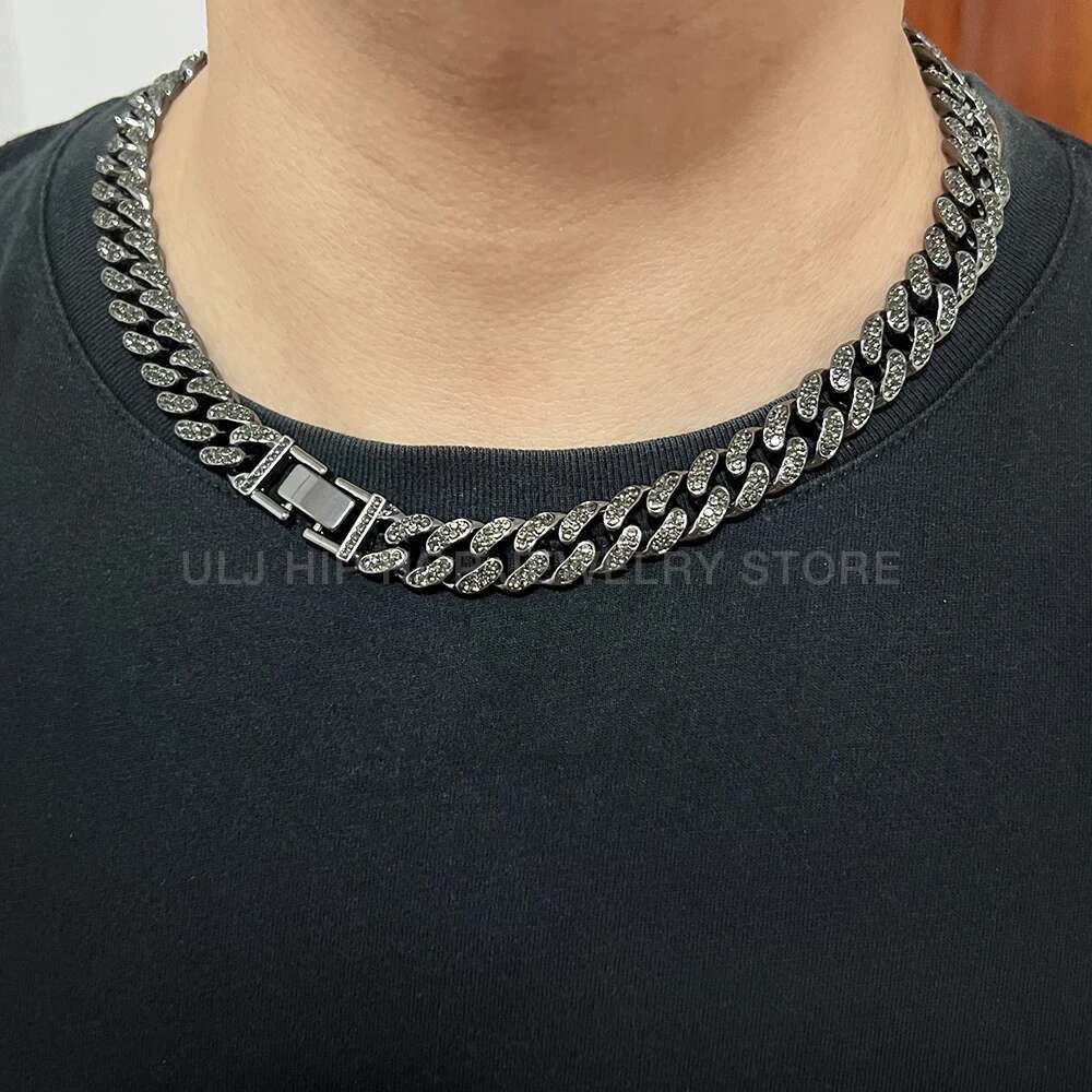 ULJ Hip Hop Men Women 14 Prong Cuban k Chain Bg Iced Out 2 Row Rhie Paved Miami Black Necklace Jewelry