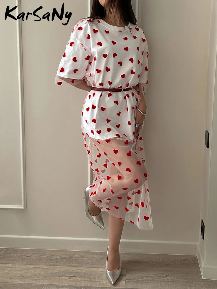 Long Mesh T Shirt Dress For Women Short Sleeve Heart Tulle Two Piece Dresses WOmens White Loose Maxi With Red 250228