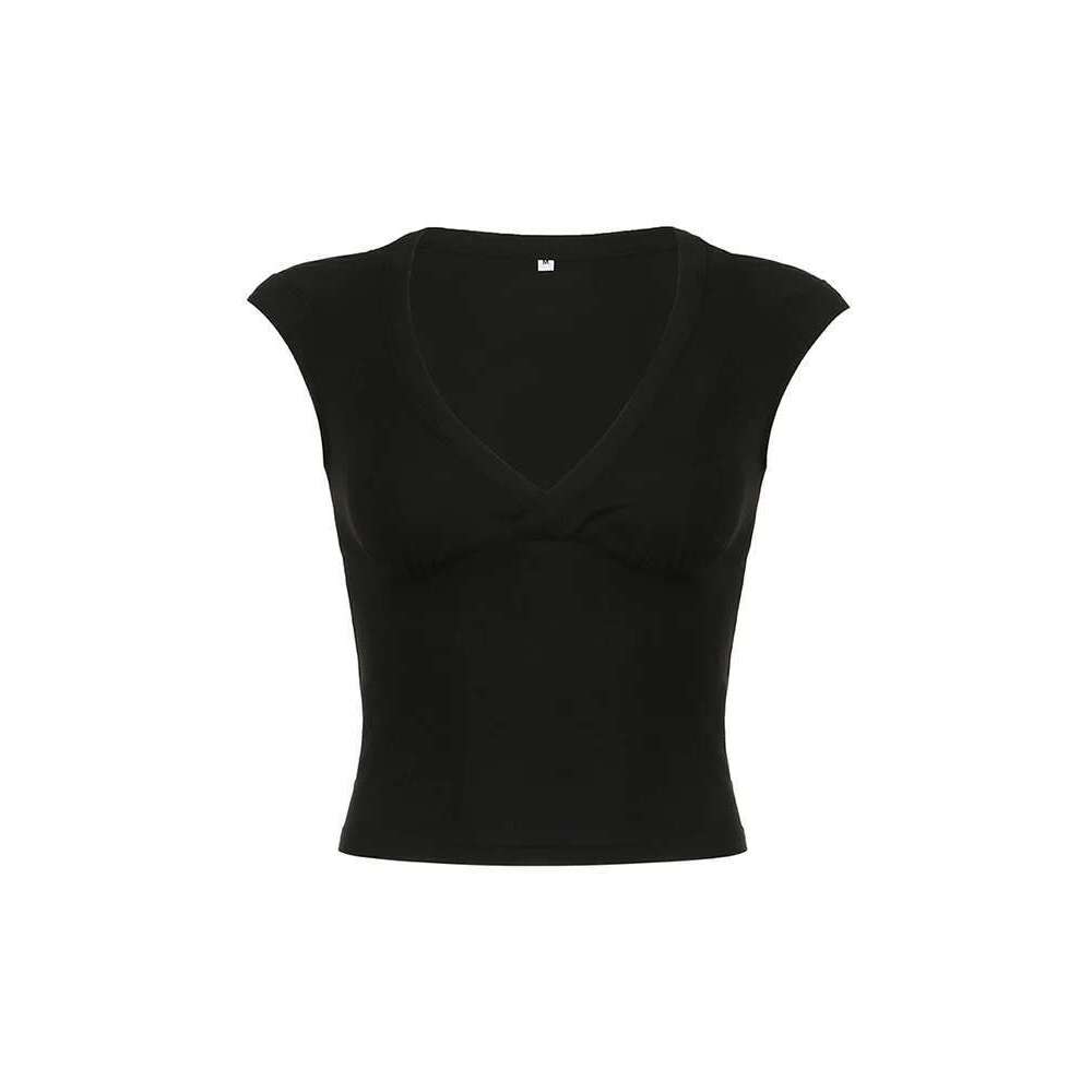 Women's Wear Sweetown White Solid Basic Slim Low Bust V Neck Crop Tees Women Black Simple Fashion Short Sleeve Summer T Shirt