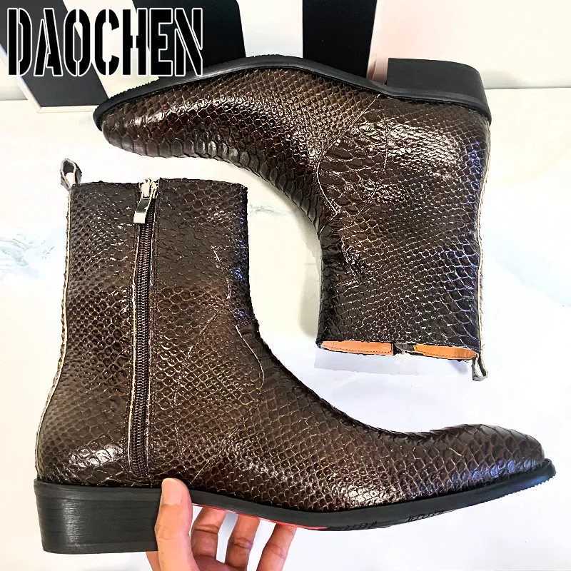 Luxury Men Mid-Calf Boots High Grade Python Print Shoes Casual Mens Dress Boots Winter Leather Chelsea Boots Shoes Men Z250303