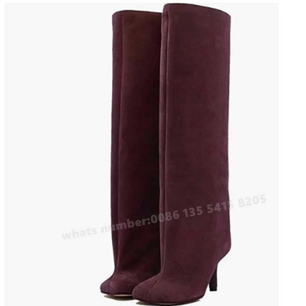 Suede Kitten Heels Knee High Boots Beige Square Toe Slip On Solid Winter Womens Boots Luxury New Designer Casual Shoes Big Size Z250303