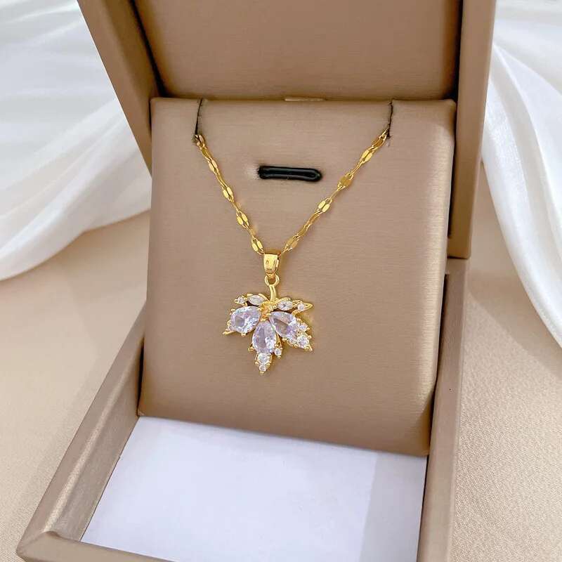 Yupsk Elegant AAA Zirconia Maple Leaf Pendant for Women Fashion Stainless Steel Chain Earring Necklace Jewelry Gift