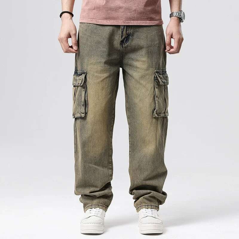 Large Size 46 Loose Jeans Men Denim Pants Straight Pocket Baggy Casual Streetwear Hip Hop Brand Blue Wide Leg Cargo Trousers