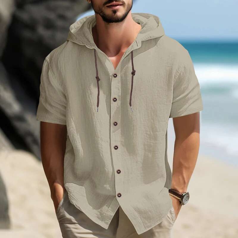 Summer New Light Luxury Cotton Short Sleeved Shirt American Solid Color Designer Hooded Casual T-shirt Comfortable Plus Size Men's Clothing Beach