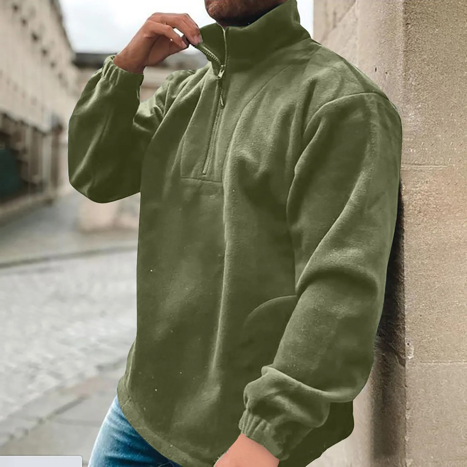 Mens Fleece Hoodless With Half Zip Solid Color Long Sleeved Sweatshirts Casual Cropped Tops For Selling Item 2024 250304