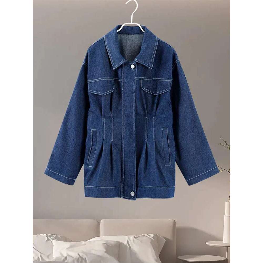 Fashion Denim Women's Coat Dark Blue Lapel Long Sleeves Zippers Pleated Female Coats 2025 Spring High Street Lady Outwear