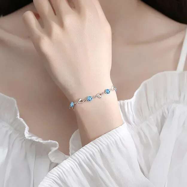 Sterg Sier Heart Shaped Necklace Bracelet for Women Vintage Korean Blue Crystal Bracelets Set Party Jewelry