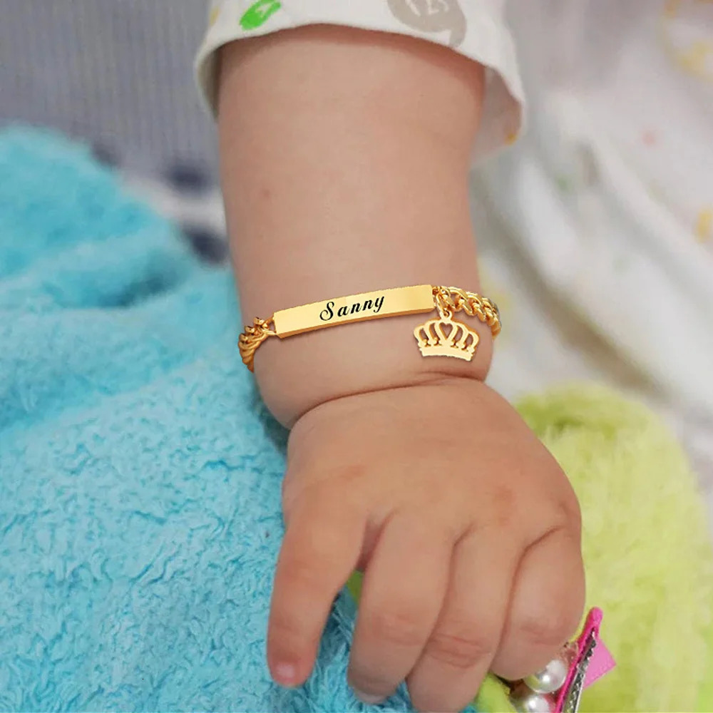 925 sterling silver custom name bar bracelet crown carved name letters heart-shaped personalized gold-plated childrens bracelet 250304