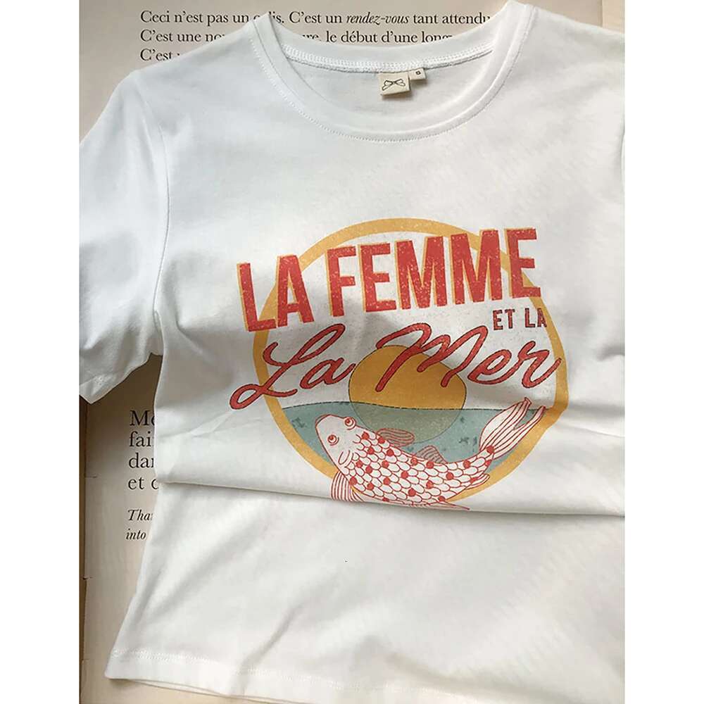 Fish Sea Letter Graphic Print Women T-Shirt Summer Short Sleeve Loose Lady Pullover Classic Casual Vintage Femme Top