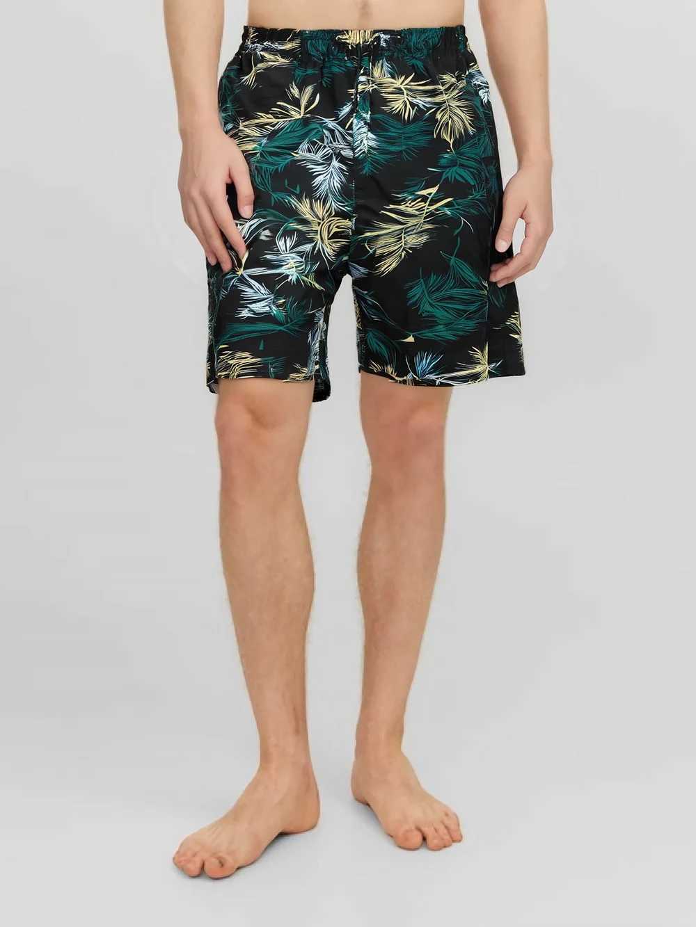 2025 Mens New Cotton Beach Casual Pants Leaf Pattern Printed Black Comfortable Casual Sexy Quick Dry Sports hurey boardshortsT250304