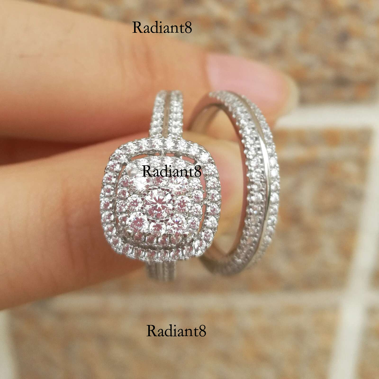 Newshe 2Pcs Wedding Rings for Women Solid Sterg Sier Engagement Ring Bridal Set 1.6Ct Halo Round Cut AAAAA Zircon