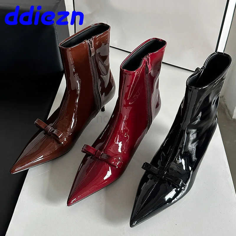 Footwear With Low Heel Party Ladies Short Modern Boots Shoes Fion -Knot Wen Ankle Boots Fem Zippers Shoes Z250304