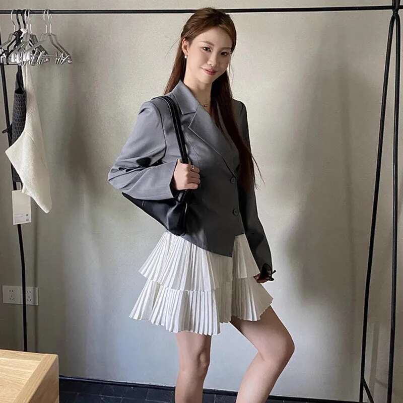 Fashion Fake 2 Piece Blazer Dress Women's Lapel Slim Double Breasted Long Sleeves Pleated Patchwotk Mini Dresses New