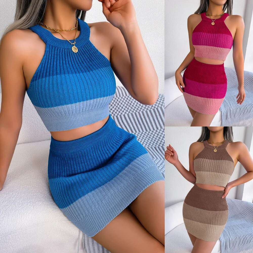 Summer Women 2 Piece Set Outfit Striped Crop Knitted Ladies Halter Top Contrast Package Hip Skirt Women's Clothing Sales