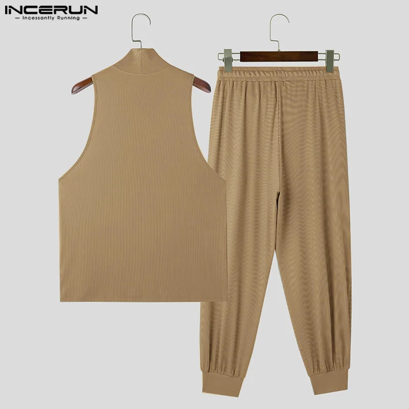 Men Sets Solid Color Streetwear Turtleneck Sleeveless Tank Tops Drawstring Pants 2PCS Fashion Mens Casual Suits INCERUN 250303