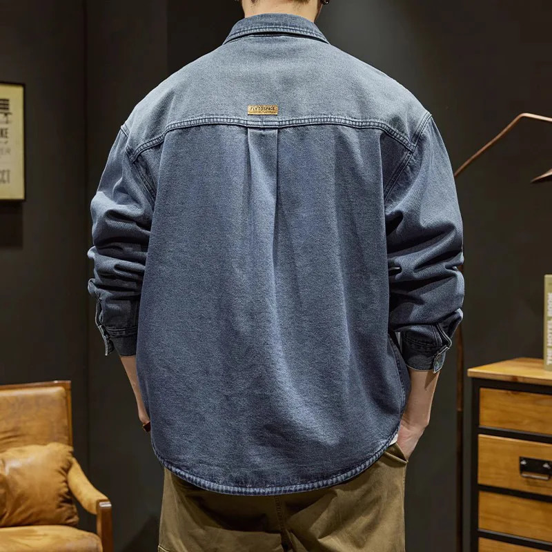 Spring jacket mens denim shirt long sleeved lapel mens casual shirt retro mens clothing denim multi pocket 250228