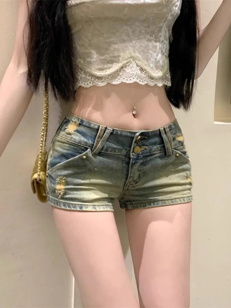 Ezgaga Denim Shirts Women Sexy Bowknot Embroidery Distresses Frayed Vintage Hole Shorts Slim Wrap Hip Summer Streetwear 250303