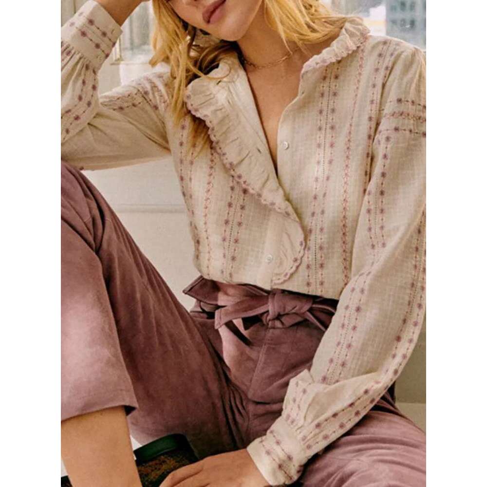 Women Ruffles Trim Pink Or Blue Blouse Single Breasted Casual Summer New 2025 Female Stand Collar Vintage Shirt And Tops