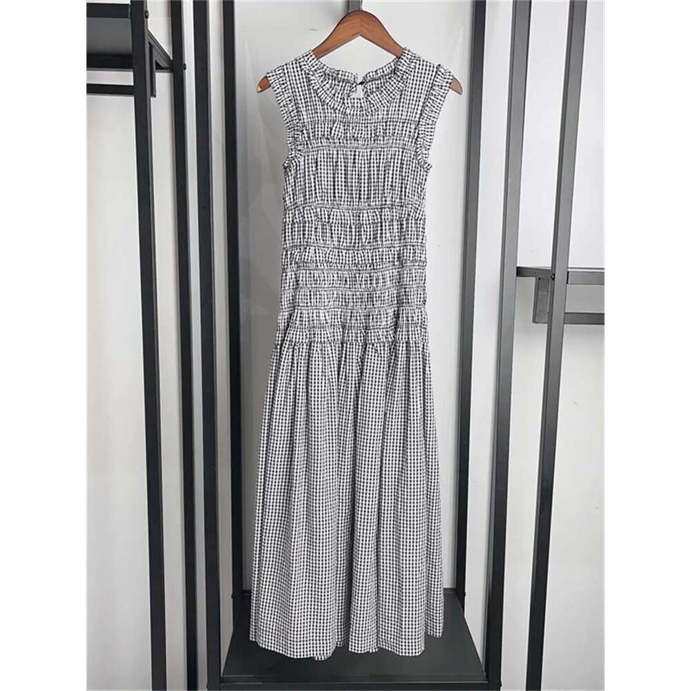 Women's Elastic Waist Short Sleeve Or O-Neck Dress Vintage Plaid Sleeveless Ladies Square Neck Fashion Midi Robe 2025 Summer