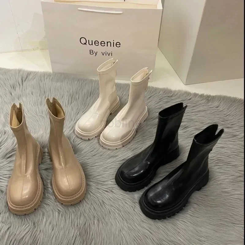 2025 Hot S Ladies Shoes Zipper Wens Boots Spring Autumn Round Toe Solid Short Barrel Platform Chunky H Fion Boots Z250304