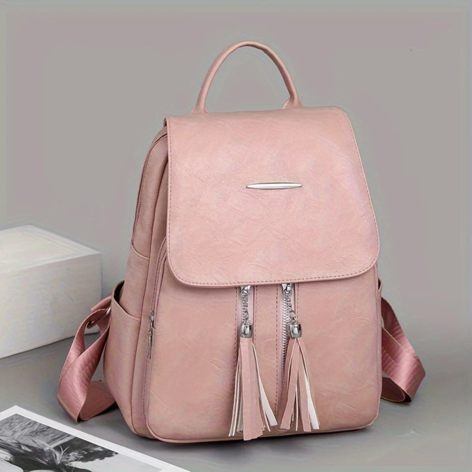 Ship from US 1 fashionable casual backpack soft PU leather large capacity tassel 250304FBB