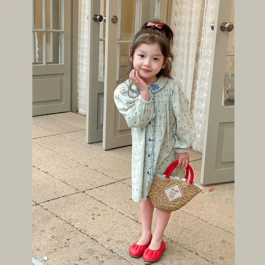 Spring Babys Girls Princess Dress Turn Down Collar All Printed Toddler Sweet Single Breasted Childrens Dresses 250303
