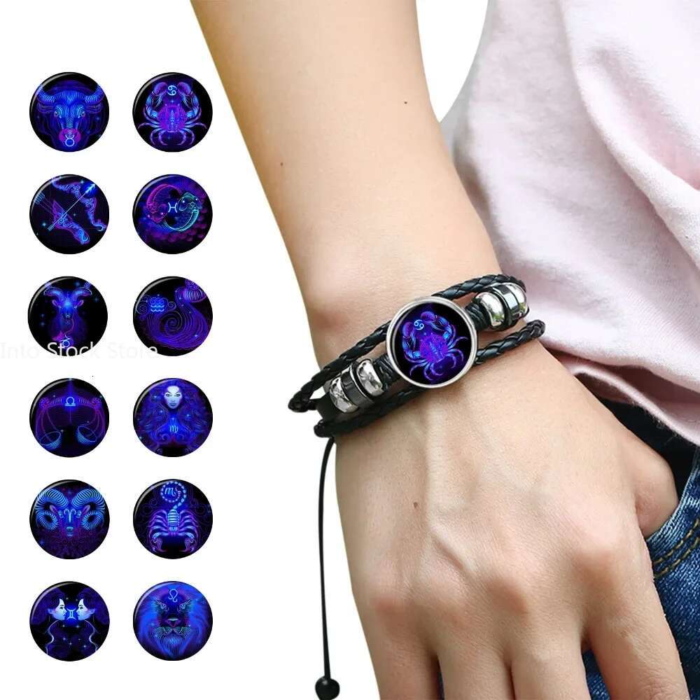 12 Constellation Zodiac Sign Black Braided Leather Cancer Leo Virgo Libra Woven Glass Dome Jewelry Punk Men Bracelet