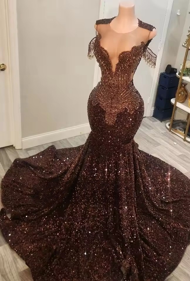 Brown Prom Dresses 2025 Black Girls Rhie Mermaid Evening Gowns Sequin Party Dress Gala Long Customized