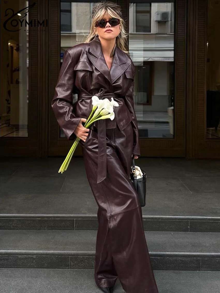 Vintage Wine Red Pu Leather Womens 2 Piece Outfit Elegant Long Sleeve Lace-Up Shirts And Straight Simple Trousers Set