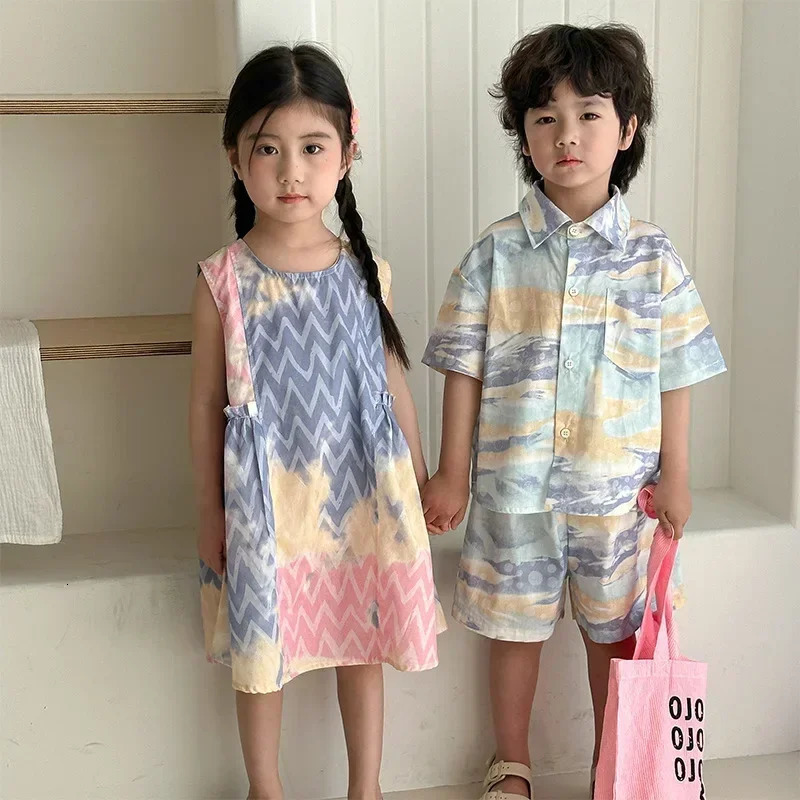 Brother And Sister Clothes Summer Baby Boys Shirt Suit Beach Holiday Clothes Or Girl Vest Dress 250304