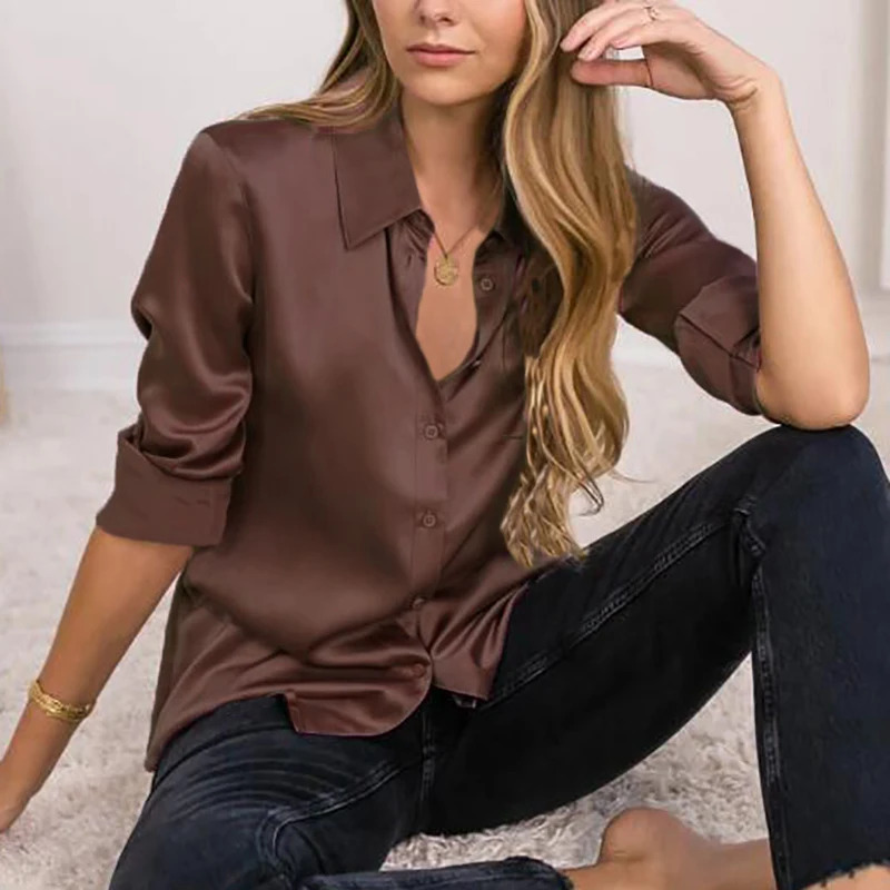 Elegant Black White Shirt Women Spring Autumn Long Sleeve Silk Satin Blouses For Women Fashion Turn Down Collar Button Shirt 250303