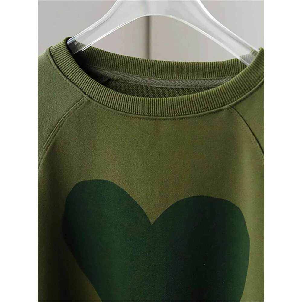 Women Long Sleeve Heart Print Sweatshirt Female 2024 New Autumn Fashion Retro O-Neck Casual Pullover Top