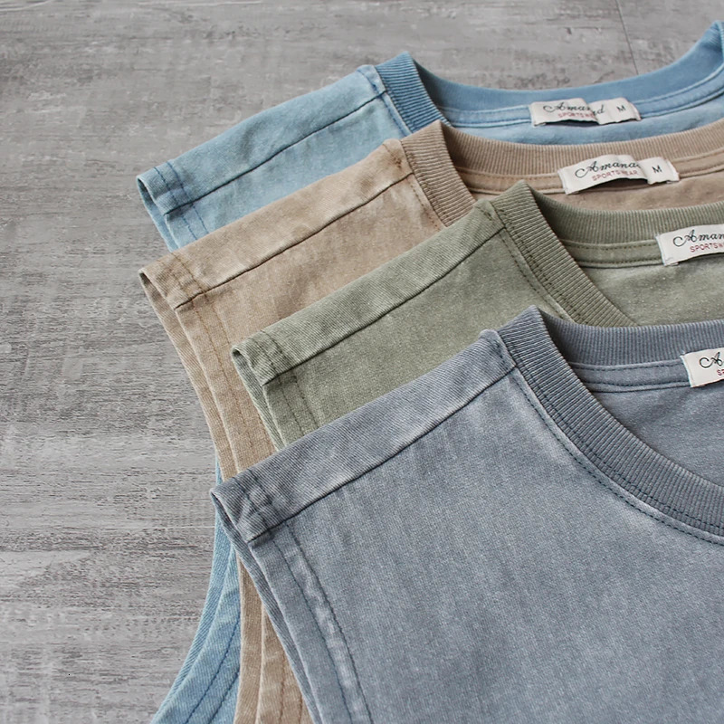 Summer American Retro Sleeveless O-neck Soild Color T-shirt Mens Fashion 100% Cotton Washed Old Casual Sports Vest Tops 250304