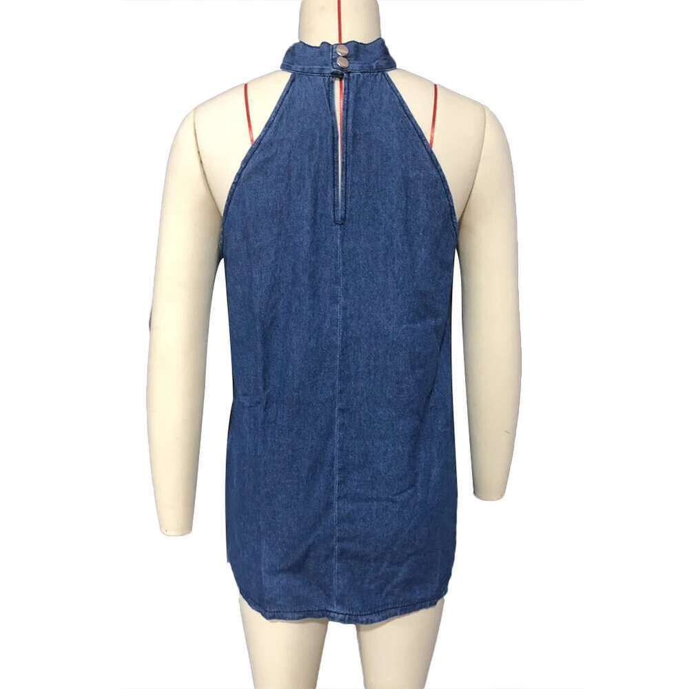 Color Women Solid Vest Sleeveless Back Button Neck Bandage Halter Blouse Top Perfect To Match With Jeans Shorts