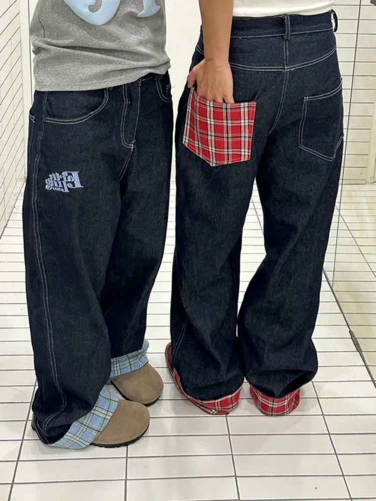 American retro plaid patchwork rolled edge women jeans high street Harajuku loose wide leg straight leg men and women pants 250303