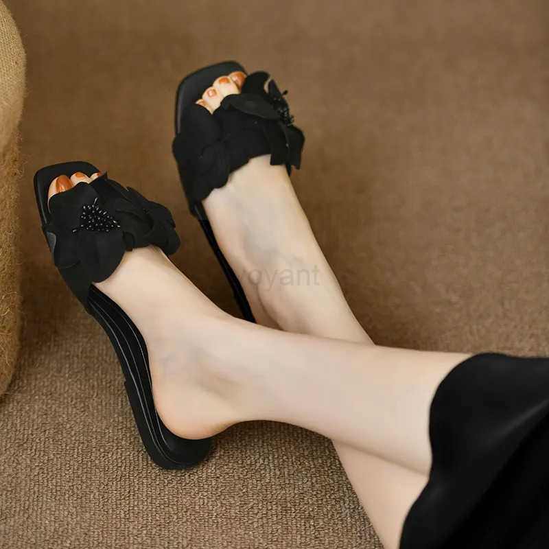 ZASummer Plus Size Wens Slippers 2024 Korean Style Fi Outer Slippers Elegant Flower Ladies Flat Slippers Chaussure Femme Z250304