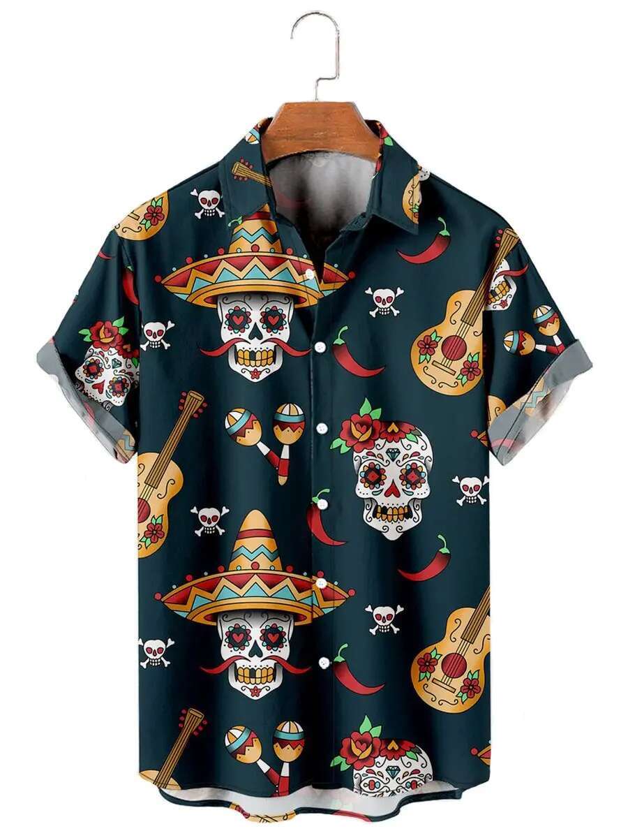 Men's Fun Skeleton 3D Personalized Printed Street Wear Designer Short Sleeve T-shirt Hawaiian Shirt Printed Collar Breathable Shirt Men's Be