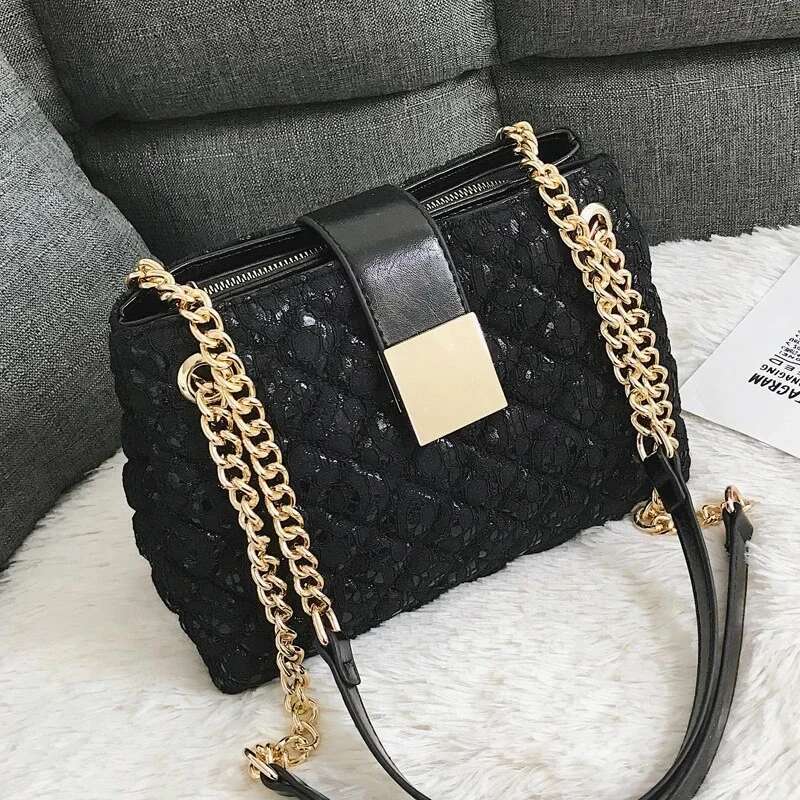 Lace Handbag Chain Women's Handbag Pu Leather Women's Crossbody Bag Bolsa Feminina Black