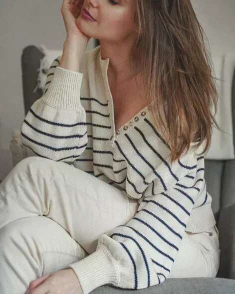 100% Cotton Striped Button Round Neck Knitted Sweater Loose Long Sleeve Women Pullovers 2025 Autumn Clothes