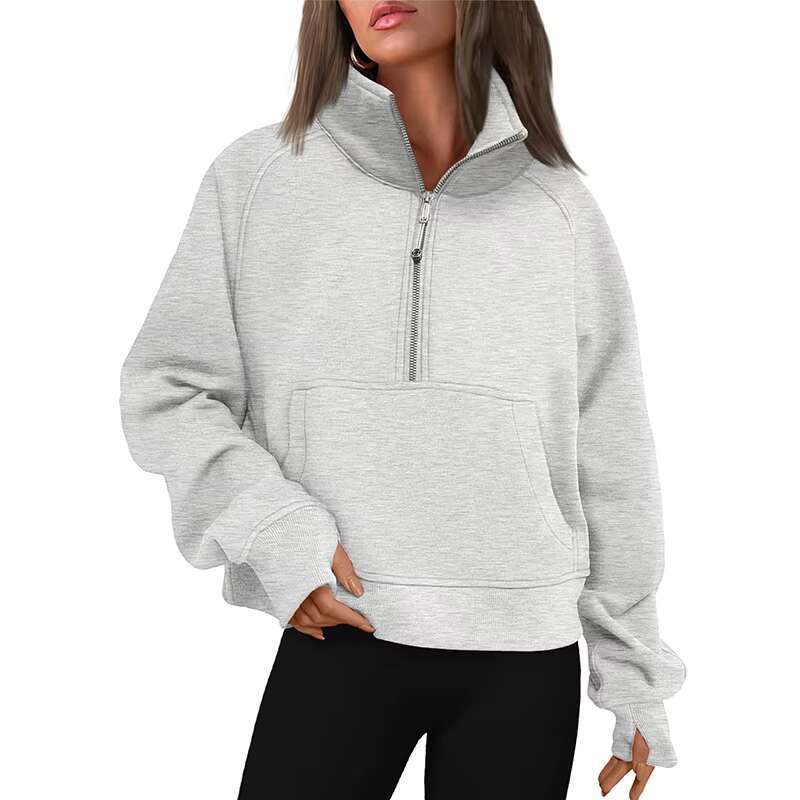 Custom Halp Zip Up Women Fleece Hoodie Stand Collar Sweatshirts With Thumb Hole