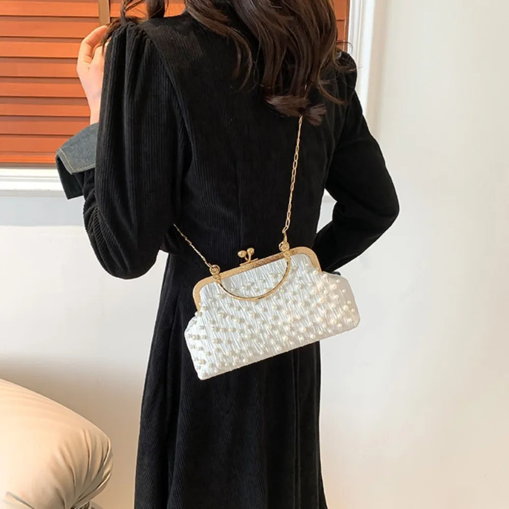 Artificial Pearl Diamond Inlaid Shoulder Bag Metal Chain Messenger Lady Banquet Shell Fashion Evening Handbag 250303