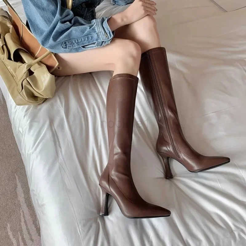 2025 Winter Wen Long Boots Fion Thin High Heel Knee High Booties Ladies Black Brown Sexy Wan Knight Boats Botas De Mujer Z250304