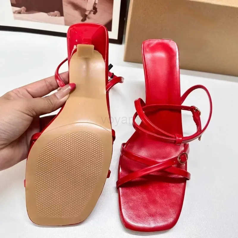 Sexy High H Shoes Wen 2024 Summer Ankle Cross Strap Open Toe Fi Designer Red Elegant Dress Wedding Ladies Sandals Z250304