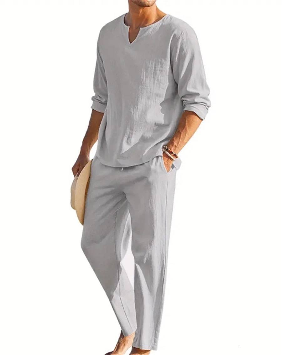 Spring and autumn explosive mens Solid color Vneck shirt pants trend casual sports fashion suit 250227