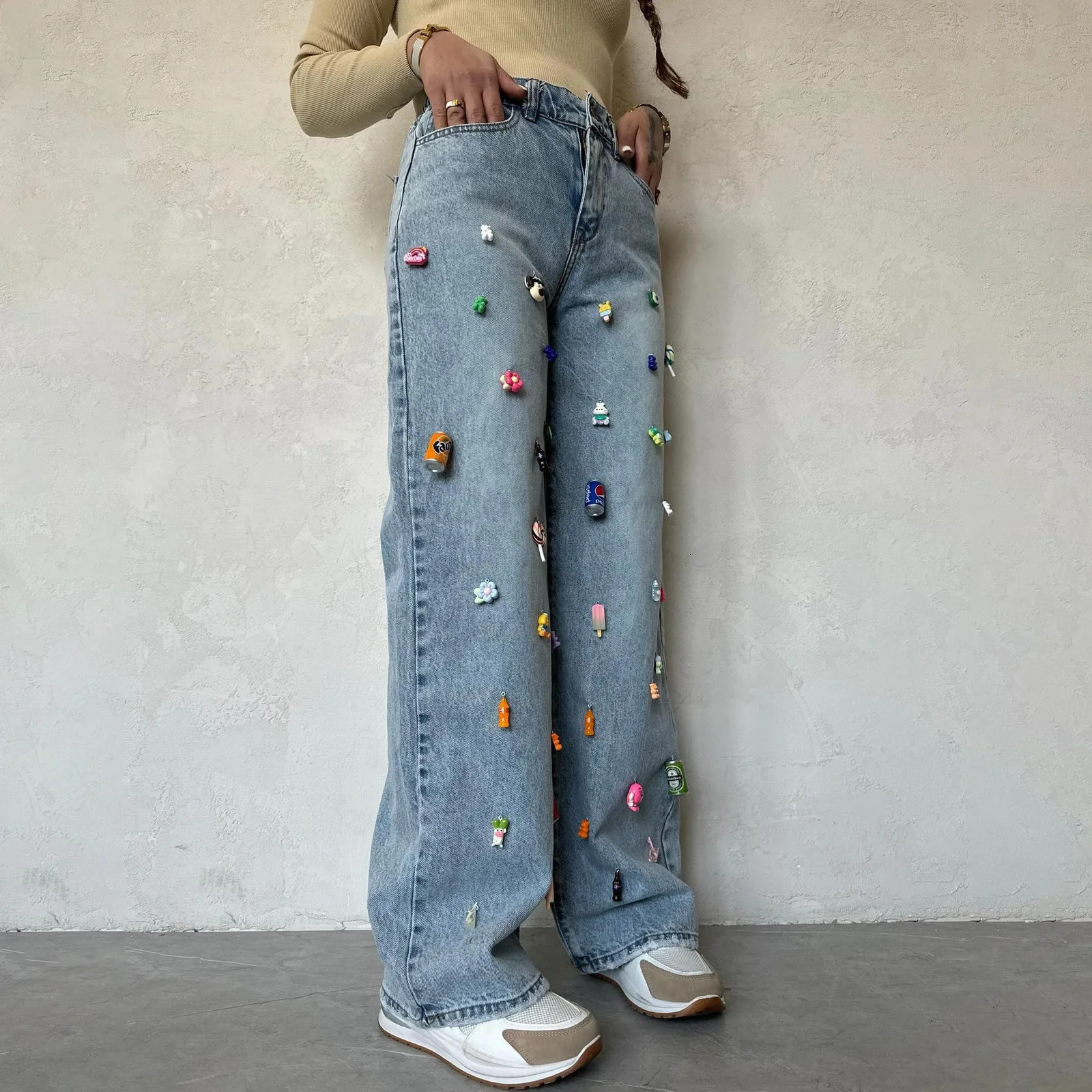 American Style High Waisted Womens Jeans Sensible 3D Decorative Fashion Street Clothing Distressed Denim Wholesale AutumnWi 250227