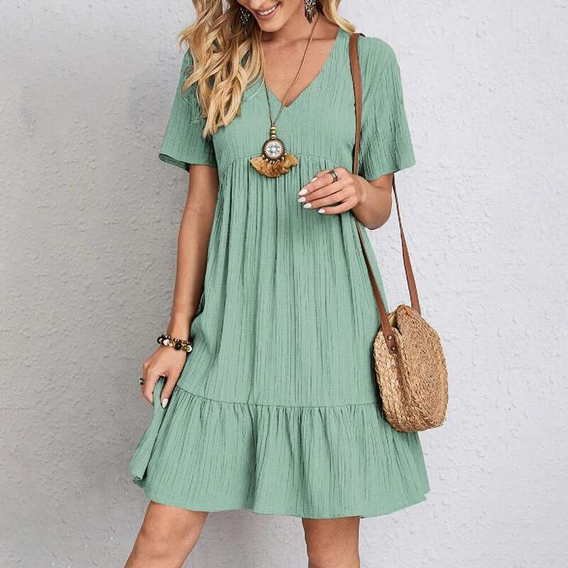 Women Mini Summer Casual Solid V Neck Ruffles A-e Dress Female Fashion Holiday Boho Loose Beach Elegant Dresses Vestido